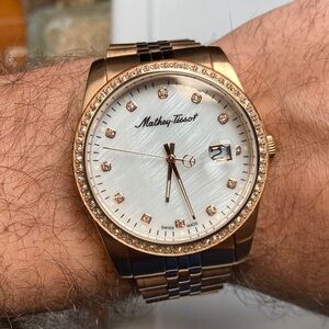 Mathey Tissot H709 rose gold tone, white textured dial, new battery, stainless